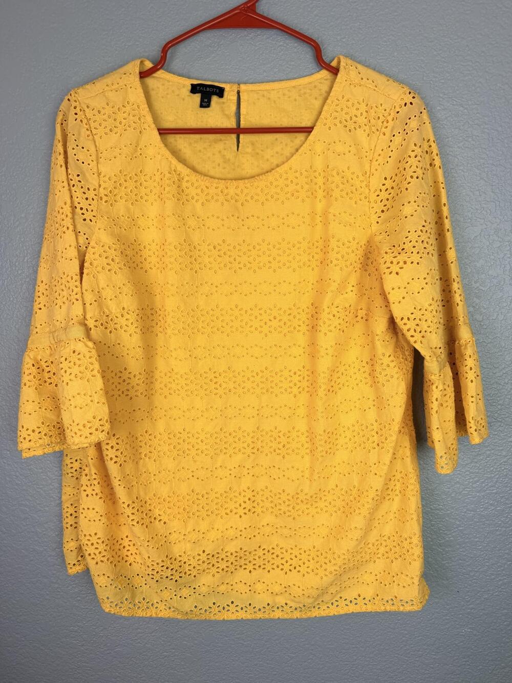 Talbots Blouse Womens Medium Yellow Eyelet Lace Bell Sleeve Cotton Top
